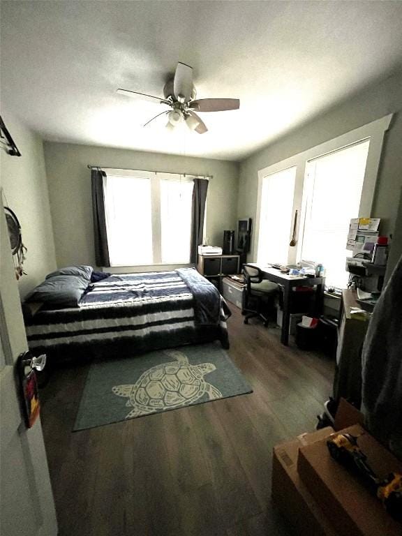 bedroom with ceiling fan and hardwood / wood-style flooring