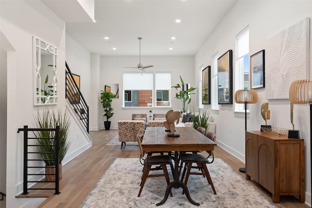 dining room with ceiling fan and light wood-type flooring