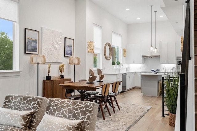 dining space featuring light hardwood / wood-style flooring and sink