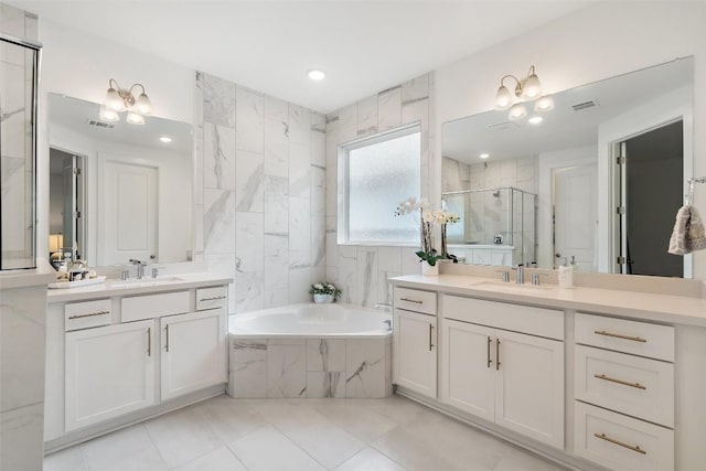 bathroom with tile patterned floors, vanity, and plus walk in shower