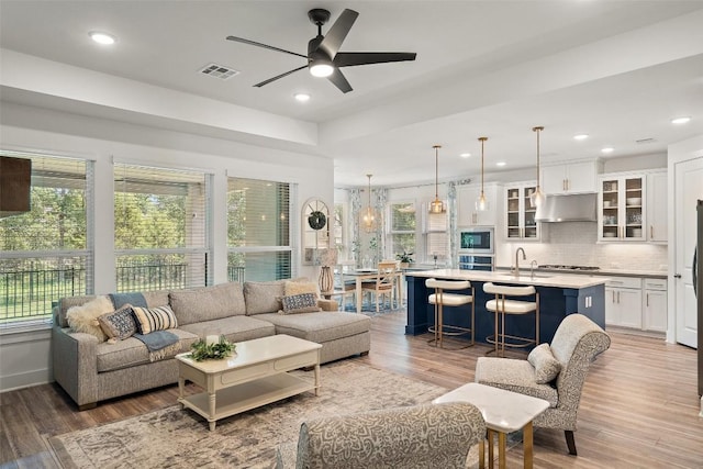 living room featuring ceiling fan, wood-type flooring, and sink