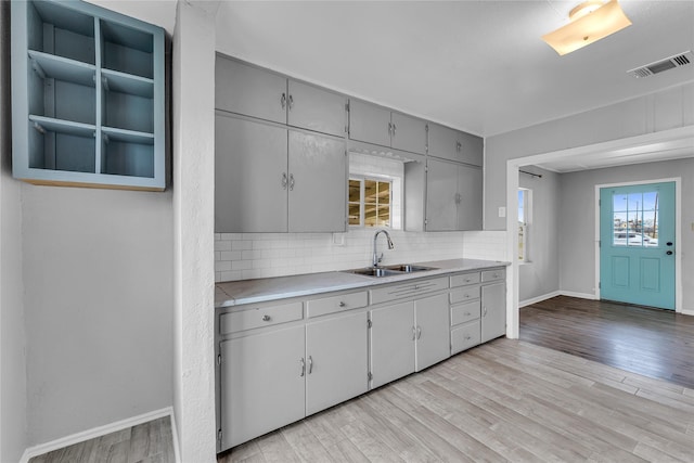 kitchen with backsplash, sink, gray cabinets, and light hardwood / wood-style floors