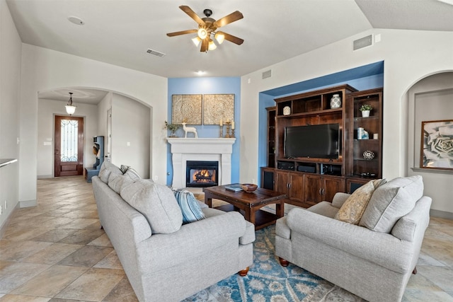 living room featuring ceiling fan