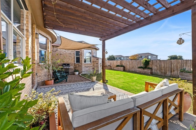 view of patio / terrace featuring a pergola and an outdoor hangout area