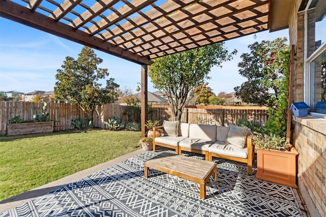 view of patio with a pergola and an outdoor hangout area