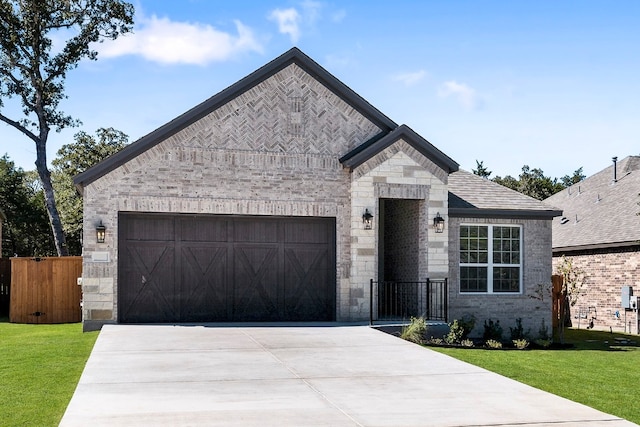 french provincial home with a garage and a front lawn