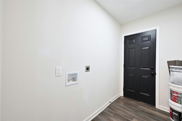 clothes washing area with hookup for an electric dryer, dark hardwood / wood-style floors, and washer hookup