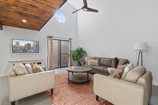 living room with high vaulted ceiling, ceiling fan, and wood ceiling