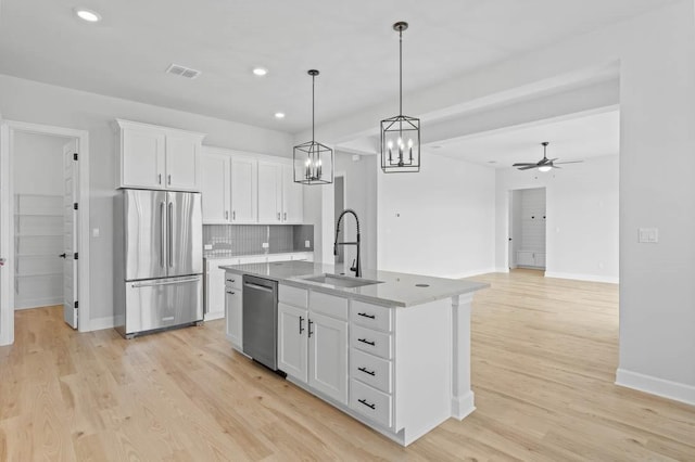 kitchen featuring a kitchen island with sink, sink, stainless steel appliances, and white cabinets