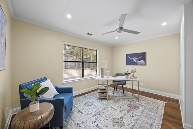 office space with ceiling fan, ornamental molding, and hardwood / wood-style flooring