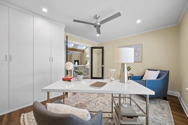 office featuring dark hardwood / wood-style flooring, ceiling fan, and ornamental molding