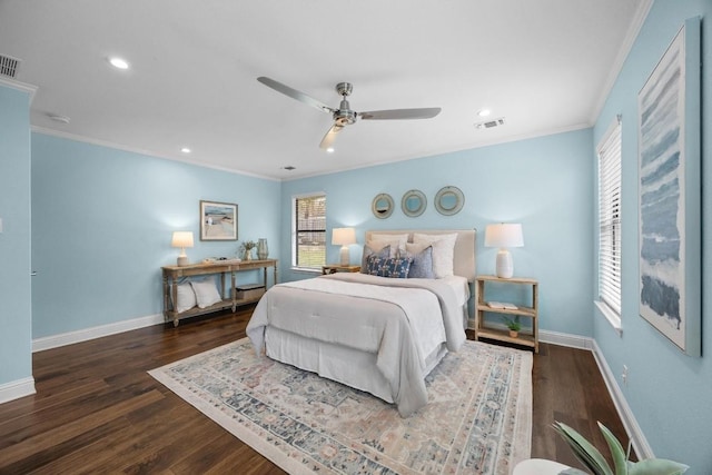 bedroom featuring multiple windows, ceiling fan, crown molding, and dark wood-type flooring