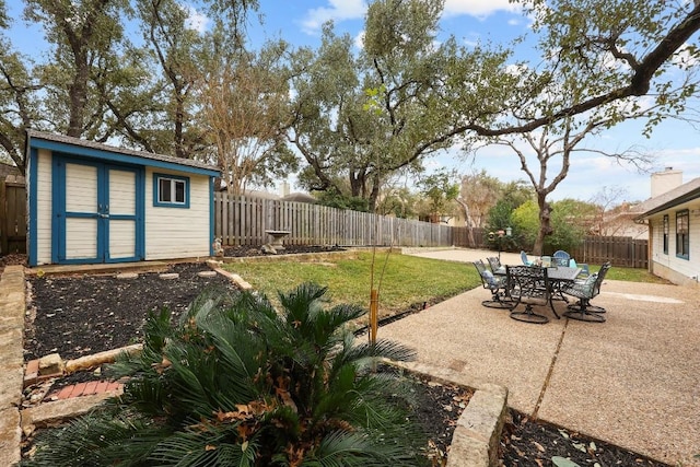 view of yard with a patio area and a storage shed