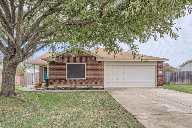 ranch-style house with a garage and a front yard