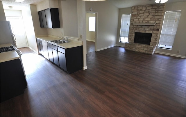 kitchen with dark hardwood / wood-style floors, a stone fireplace, plenty of natural light, and sink