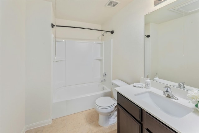 full bathroom with tile patterned flooring, vanity,  shower combination, and toilet