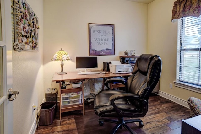 home office with dark hardwood / wood-style flooring