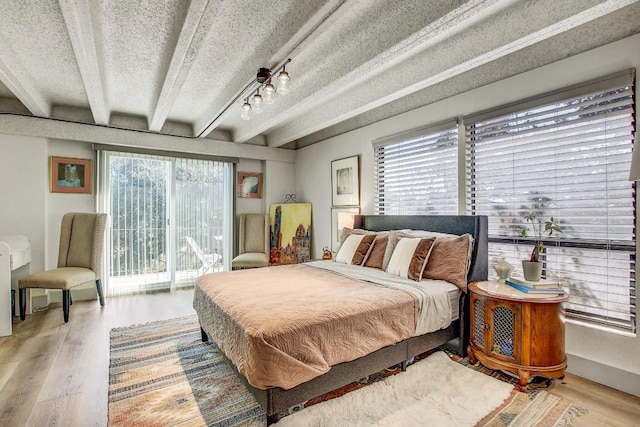 bedroom featuring light wood-type flooring, access to outside, and multiple windows