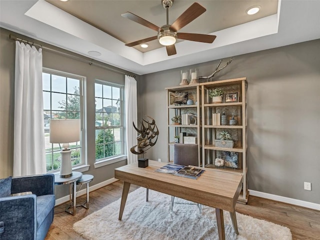 office space with a raised ceiling, ceiling fan, and wood-type flooring