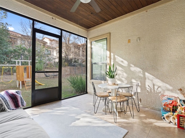 sunroom / solarium featuring ceiling fan and wood ceiling