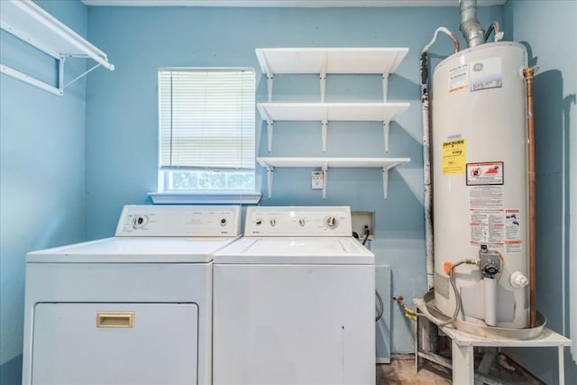 laundry room featuring washing machine and clothes dryer and water heater