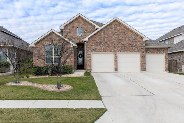 front facade with a garage and a front lawn