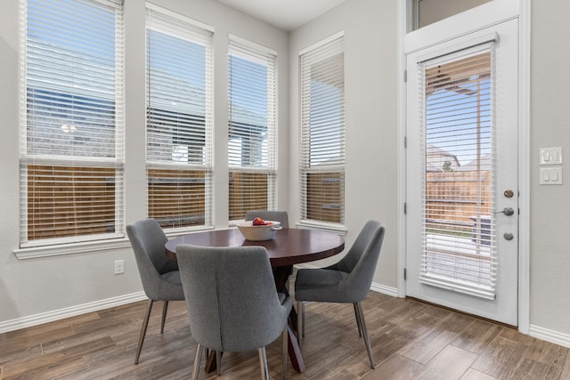 dining space with wood-type flooring and a healthy amount of sunlight