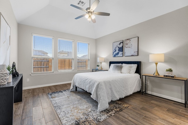 bedroom featuring ceiling fan and lofted ceiling