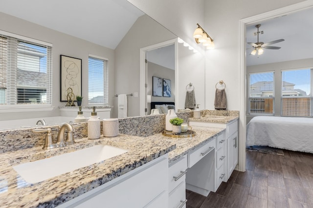 bathroom featuring hardwood / wood-style flooring, vanity, a wealth of natural light, and vaulted ceiling