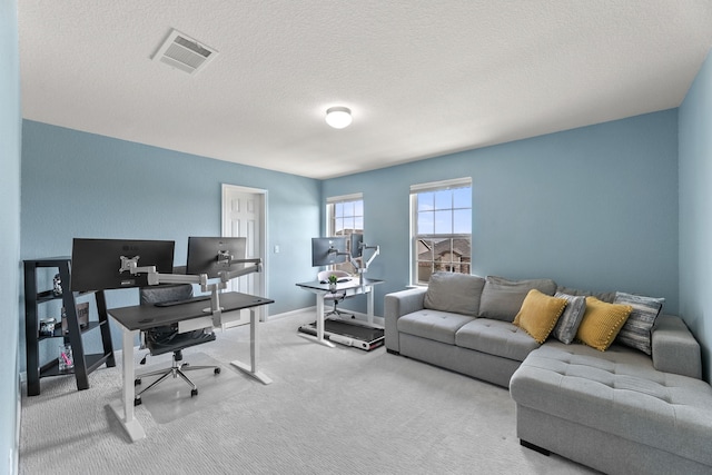 office area featuring light colored carpet and a textured ceiling