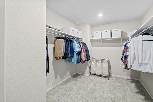 walk in closet featuring light carpet