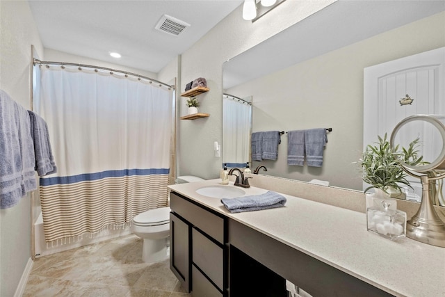 full bathroom with vanity, toilet, and shower / bathtub combination with curtain