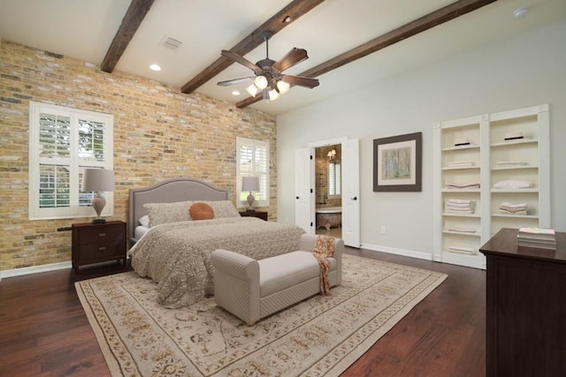 604 Hannahs Run, New Braunfels, TX 78130 - bedroom with brick wall, beamed ceiling, and dark wood-type flooring