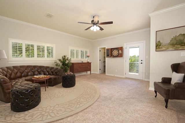 604 Hannahs Run, New Braunfels, TX 78130 - sitting room featuring carpet flooring, a ceiling fan, and ornamental molding