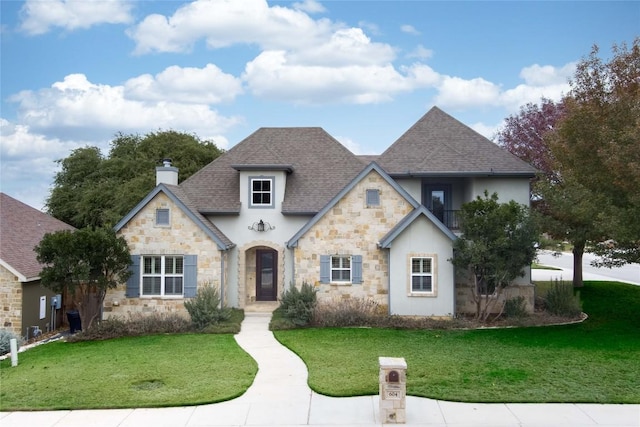 604 Hannahs Run, New Braunfels, TX 78130 - view of front of property featuring stone siding, a shingled roof, stucco siding, and a front lawn