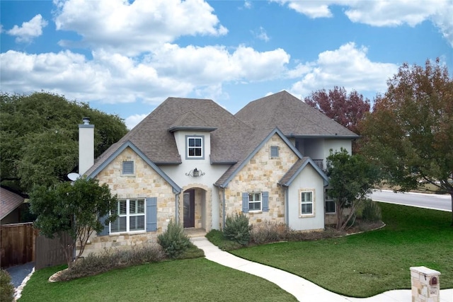 604 Hannahs Run, New Braunfels, TX 78130 - french country home with stone siding, stucco siding, roof with shingles, and a chimney