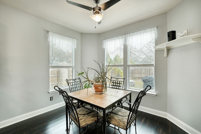 dining space featuring ceiling fan and dark wood-type flooring