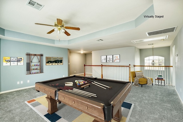 rec room featuring carpet flooring, ceiling fan, a raised ceiling, and billiards