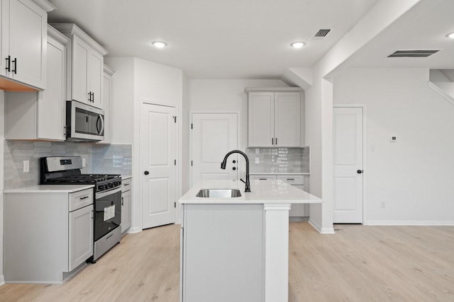 kitchen featuring sink, stainless steel appliances, backsplash, a center island with sink, and light wood-type flooring