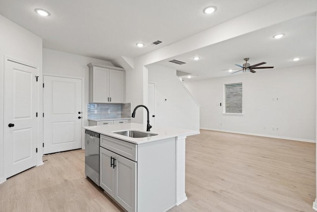 kitchen featuring decorative backsplash, stainless steel dishwasher, ceiling fan, a kitchen island with sink, and sink