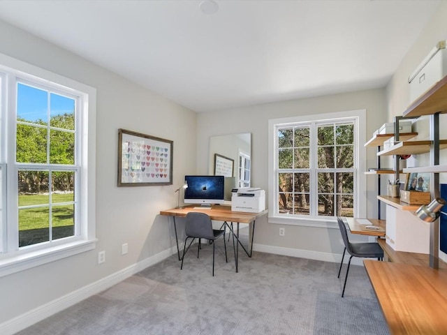 office area featuring light carpet