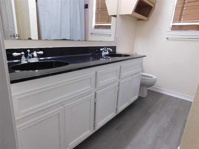 bathroom with hardwood / wood-style floors, vanity, and toilet