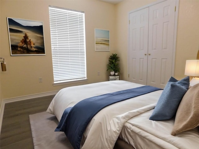 bedroom with dark hardwood / wood-style flooring and a closet