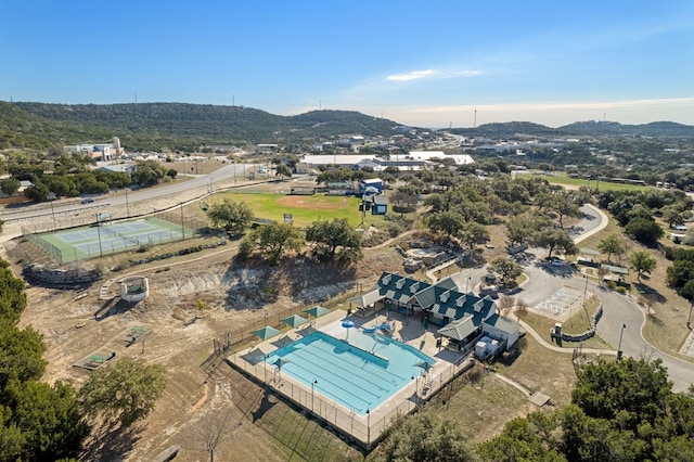 drone / aerial view featuring a mountain view