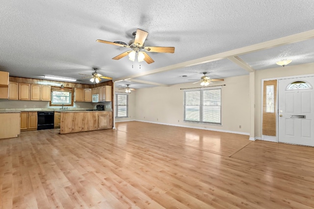 901 Berrywood Dr, Austin, TX 78753 - kitchen with dishwasher, a textured ceiling, open floor plan, light wood-style floors, and a sink