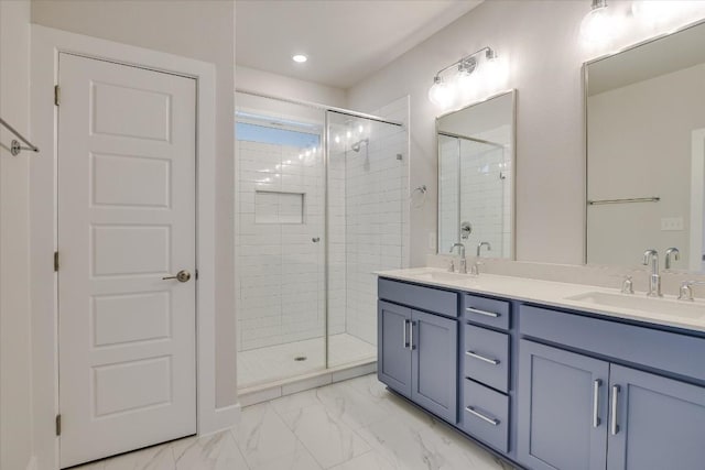 832 Venus Cir, Round Rock, TX 78664 - bathroom featuring a stall shower, double vanity, marble finish flooring, and recessed lighting