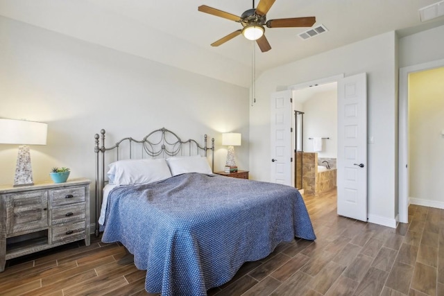 bedroom featuring connected bathroom and ceiling fan