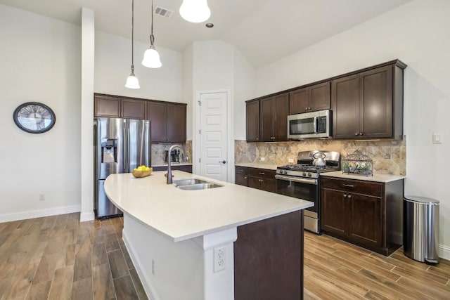 kitchen with pendant lighting, backsplash, sink, an island with sink, and appliances with stainless steel finishes