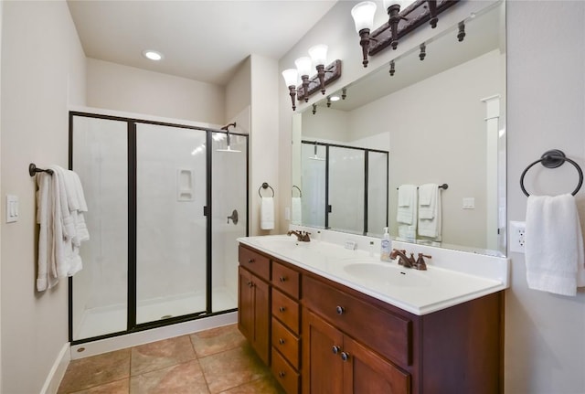 bathroom with tile patterned floors, vanity, and walk in shower