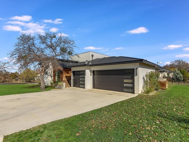 view of property exterior featuring a garage and a yard